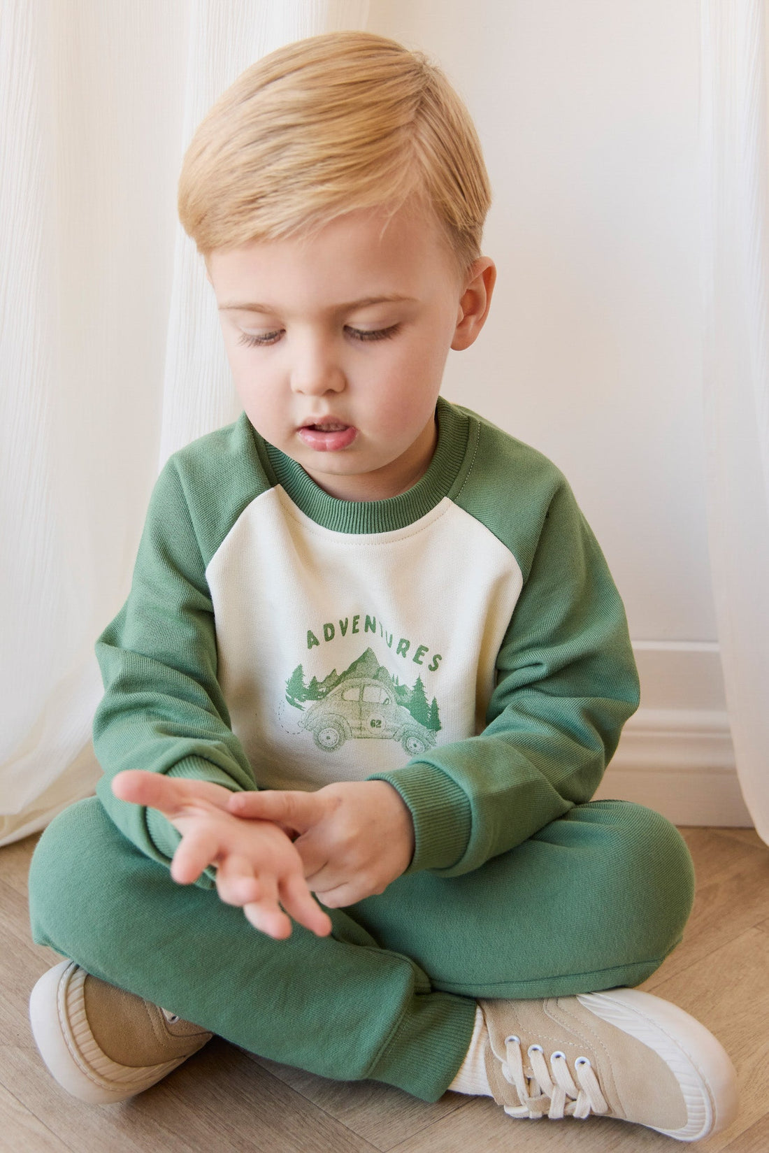 Organic Cotton Alden Sweatshirt - Adventure Buggy Snow Pea Childrens Top from Jamie Kay Australia