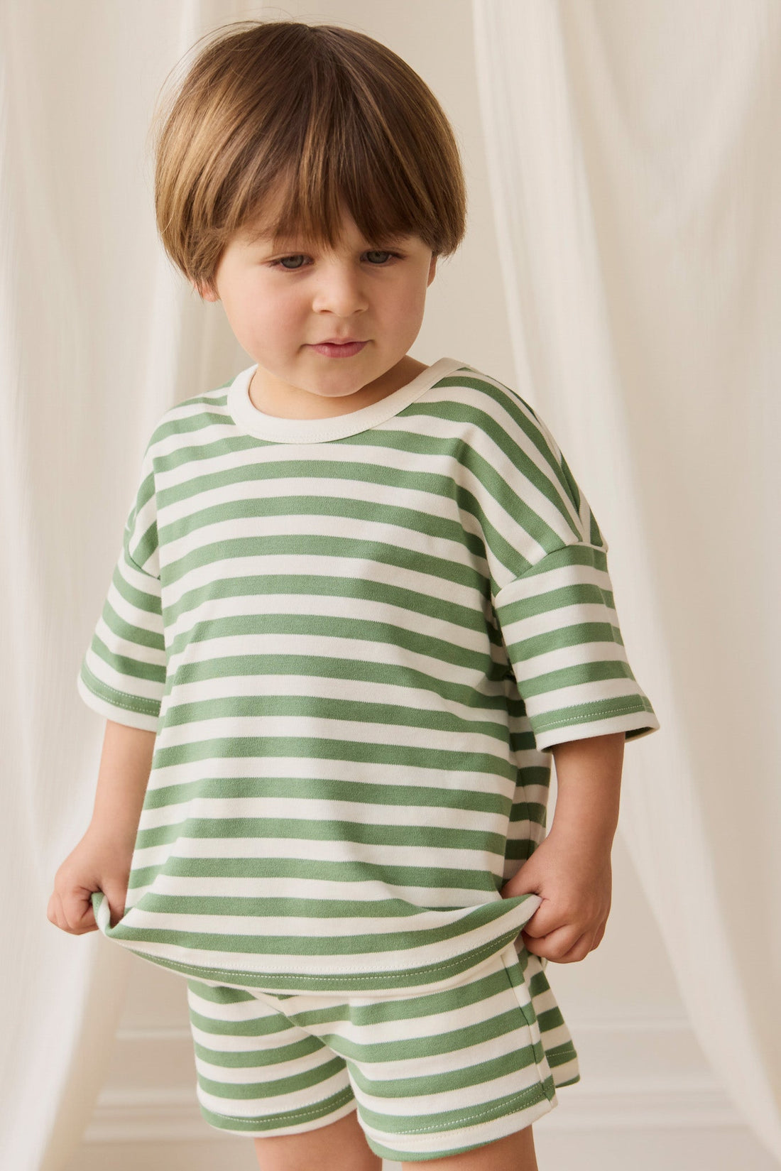 Pima Cotton Wesley Short - Essential Stripe Parchment/Snow Pea Childrens Short from Jamie Kay Australia