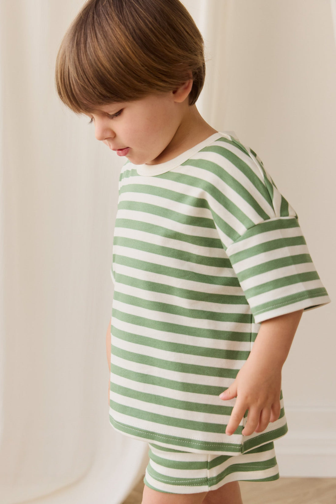 Pima Cotton Wesley Tee - Essential Stripe Parchment/Snow Pea Childrens Top from Jamie Kay Australia