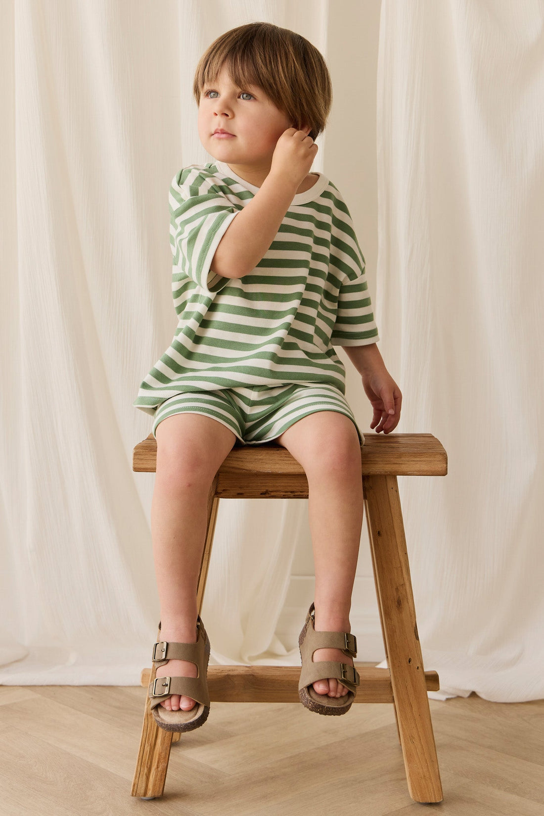 Pima Cotton Wesley Tee - Essential Stripe Parchment/Snow Pea Childrens Top from Jamie Kay Australia