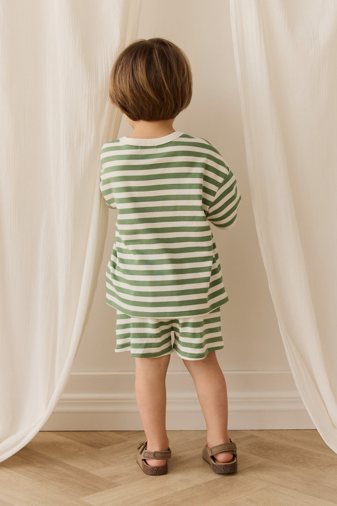 Pima Cotton Wesley Short - Essential Stripe Parchment/Snow Pea Childrens Short from Jamie Kay Australia