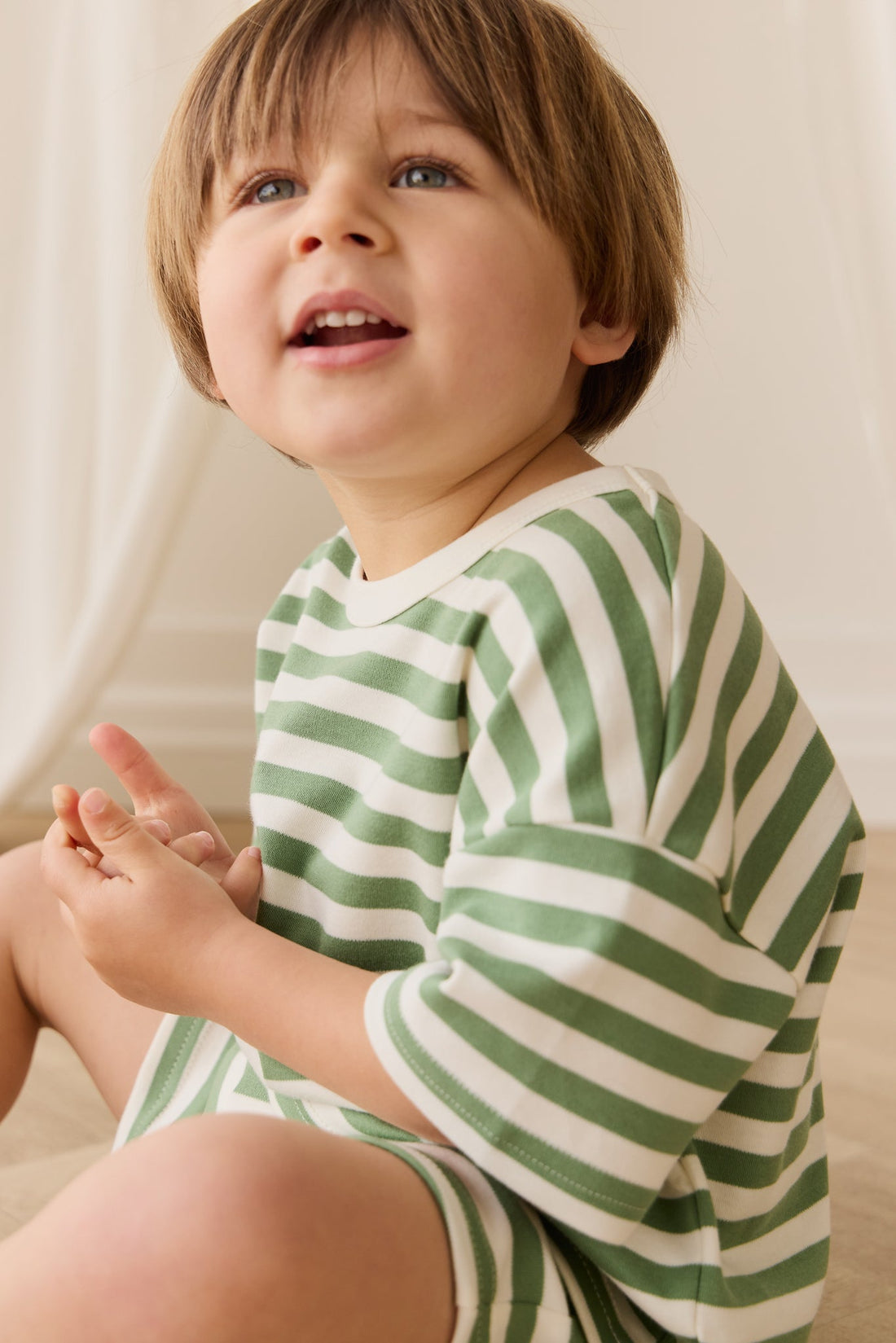 Pima Cotton Wesley Tee - Essential Stripe Parchment/Snow Pea Childrens Top from Jamie Kay Australia