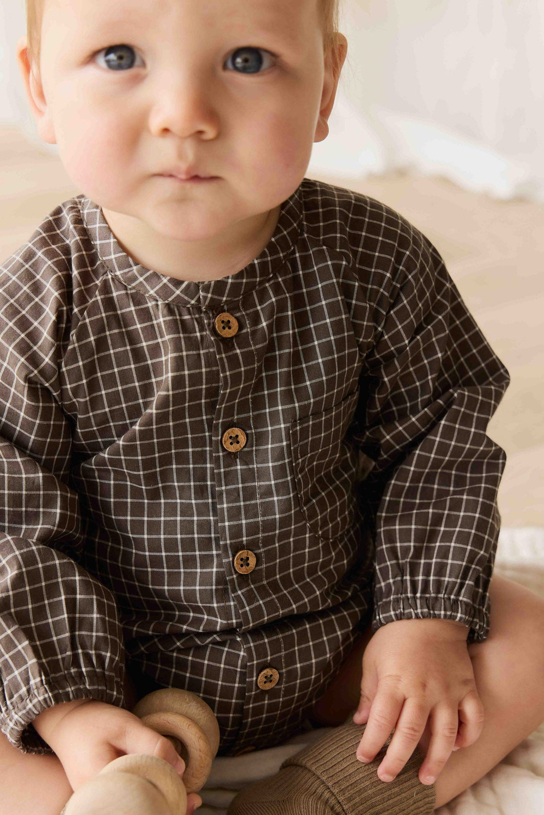 Organic Cotton Ellis Playsuit - Coffee Grid Childrens Playsuit from Jamie Kay Australia