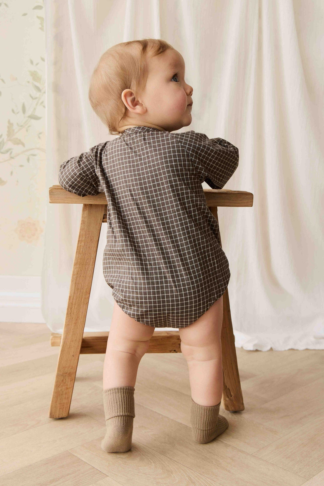 Organic Cotton Ellis Playsuit - Coffee Grid Childrens Playsuit from Jamie Kay Australia