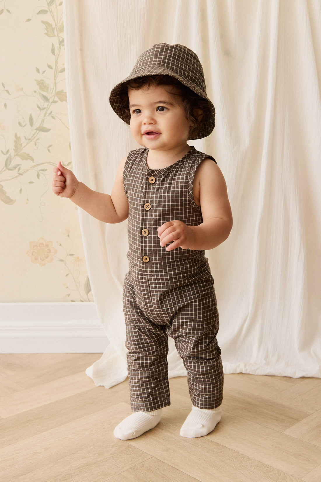 Organic Cotton Milo Jumpsuit - Coffee Grid Childrens Jumpsuit from Jamie Kay Australia