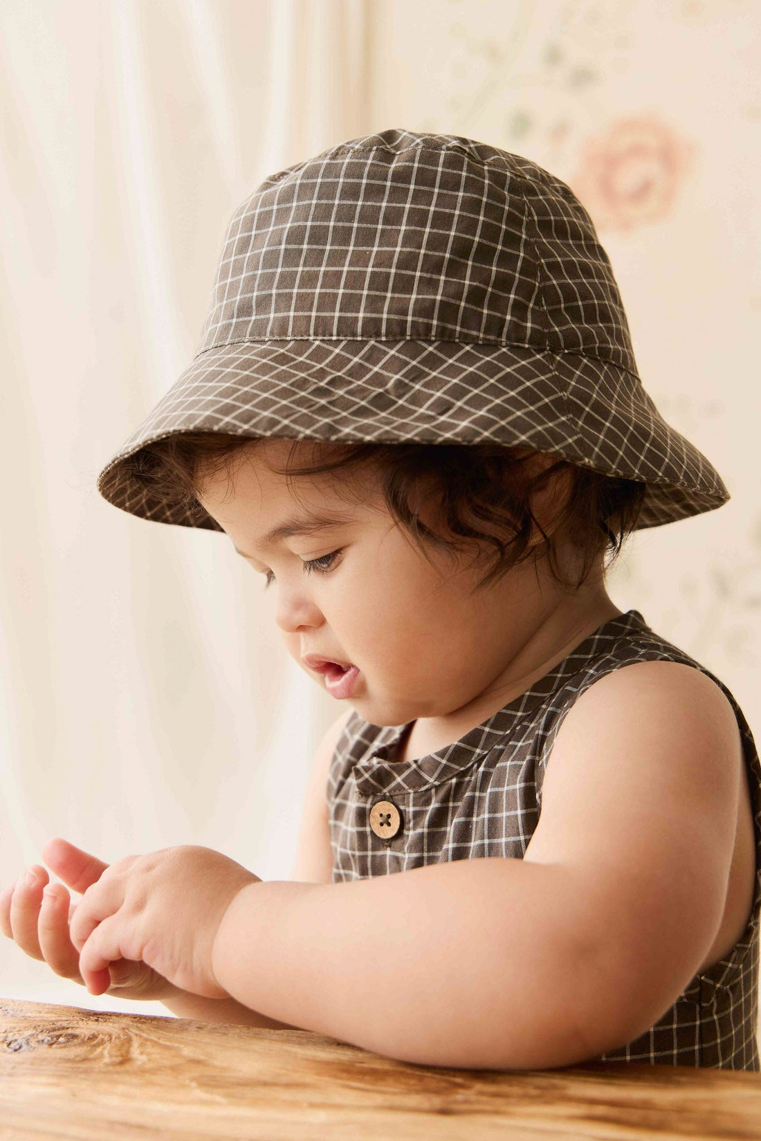Organic Cotton Bucket Hat - Coffee Grid Childrens Hat from Jamie Kay Australia