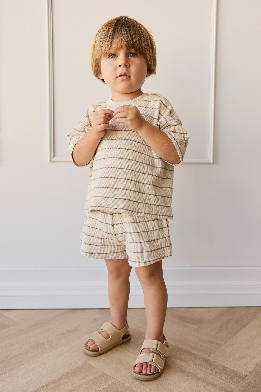 Organic Cotton Waffle Leith Short - General Stripe Cassava/Batch Childrens Short from Jamie Kay Australia