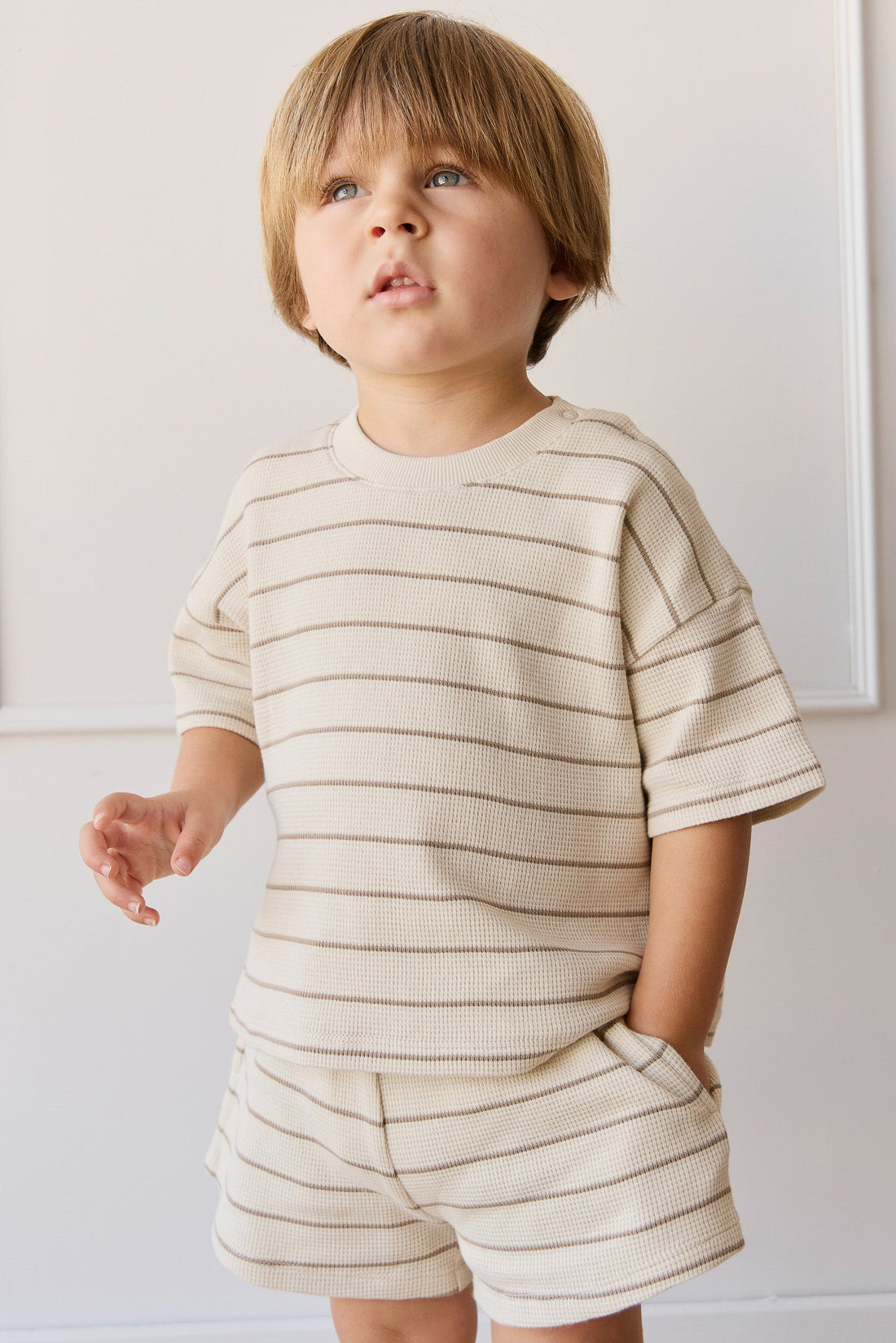 Organic Cotton Waffle Leith Short - General Stripe Cassava/Batch Childrens Short from Jamie Kay Australia