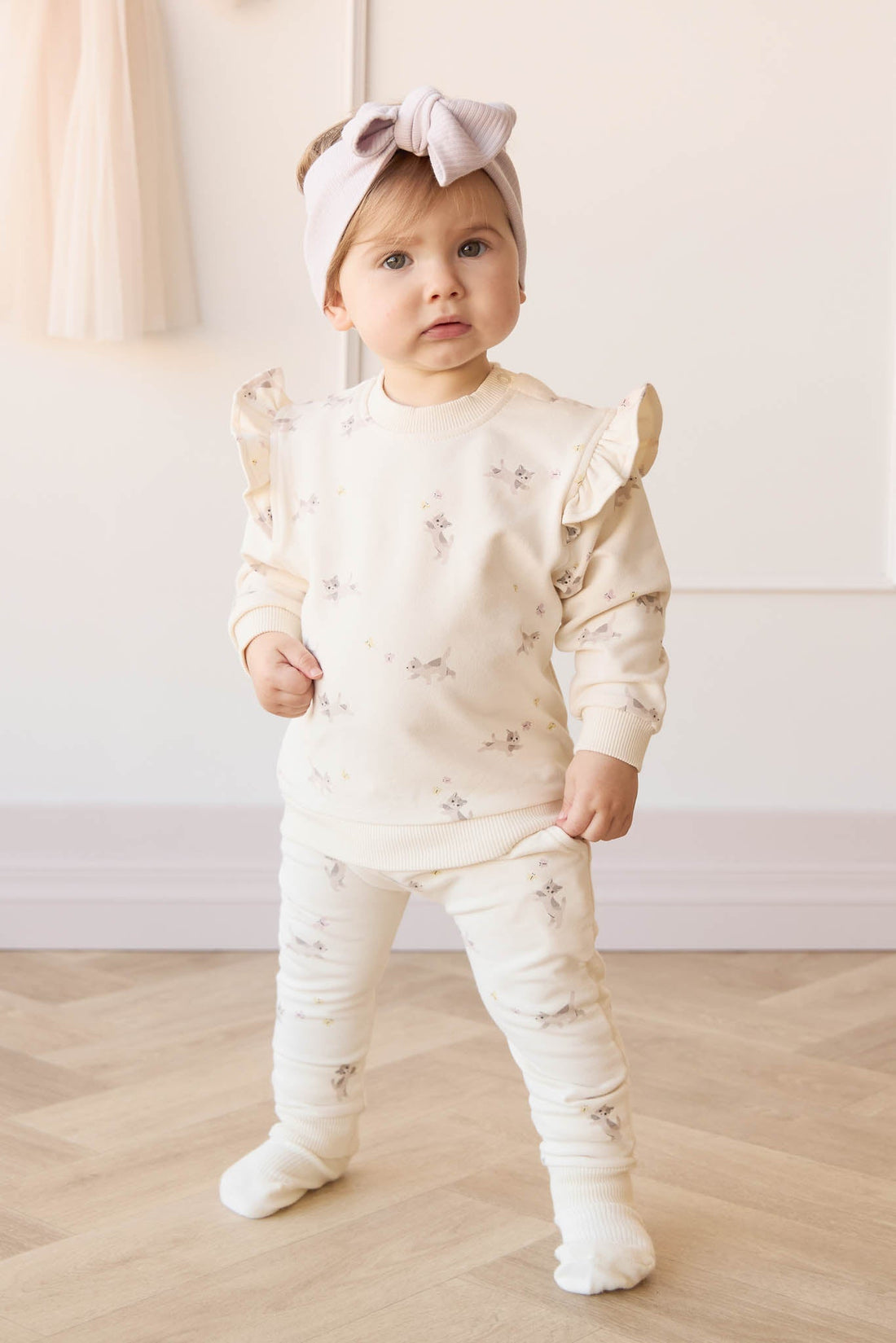 Organic Cotton Morgan Track Pant - Playful Kittens Whisper White Large Childrens Pant from Jamie Kay Australia