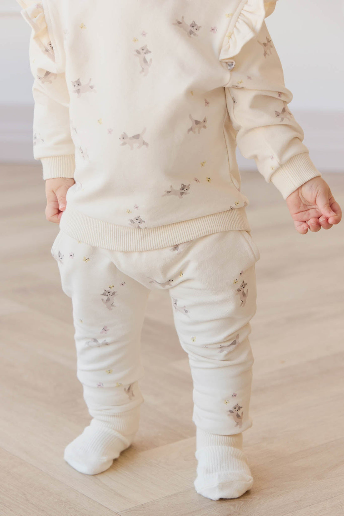 Organic Cotton Morgan Track Pant - Playful Kittens Whisper White Large Childrens Pant from Jamie Kay Australia