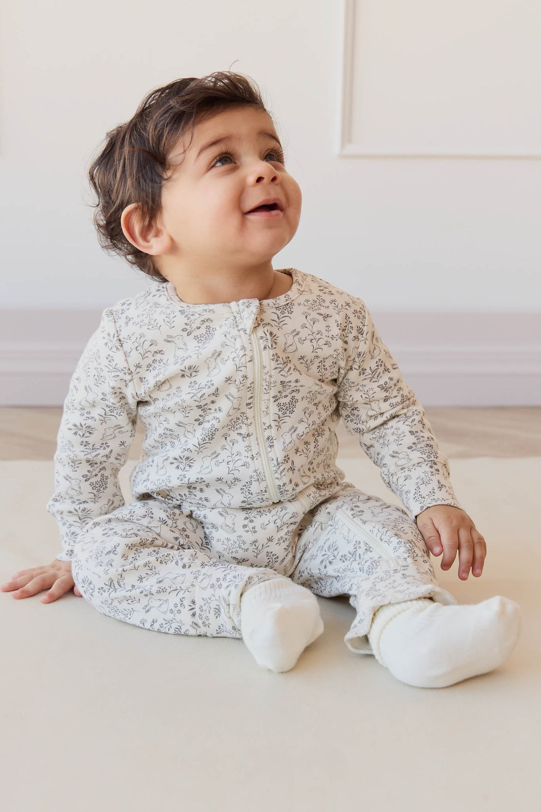 Organic Cotton Reese Zip Onepiece - Garden Bunnies Tofu Childrens Onepiece from Jamie Kay Australia