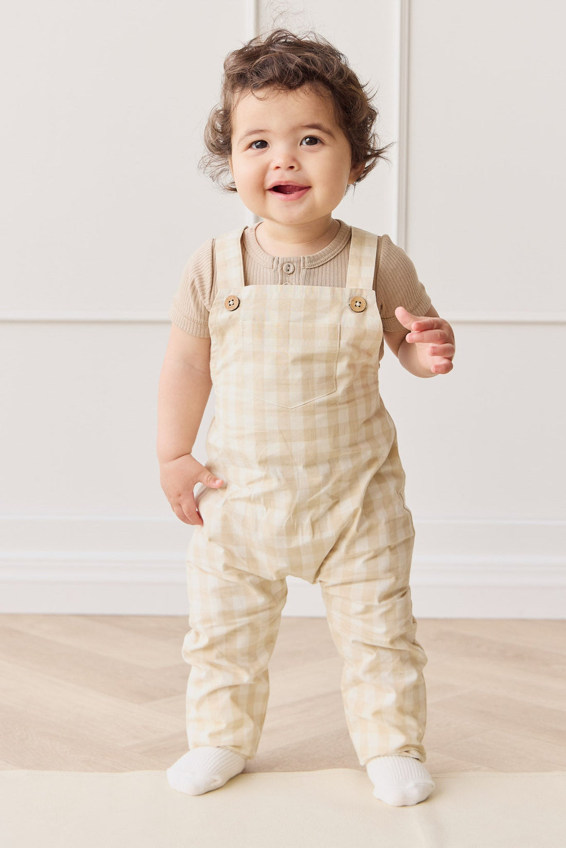 Organic Cotton Kingston Overall - Gingham Pale Khaki Childrens Overall from Jamie Kay Australia