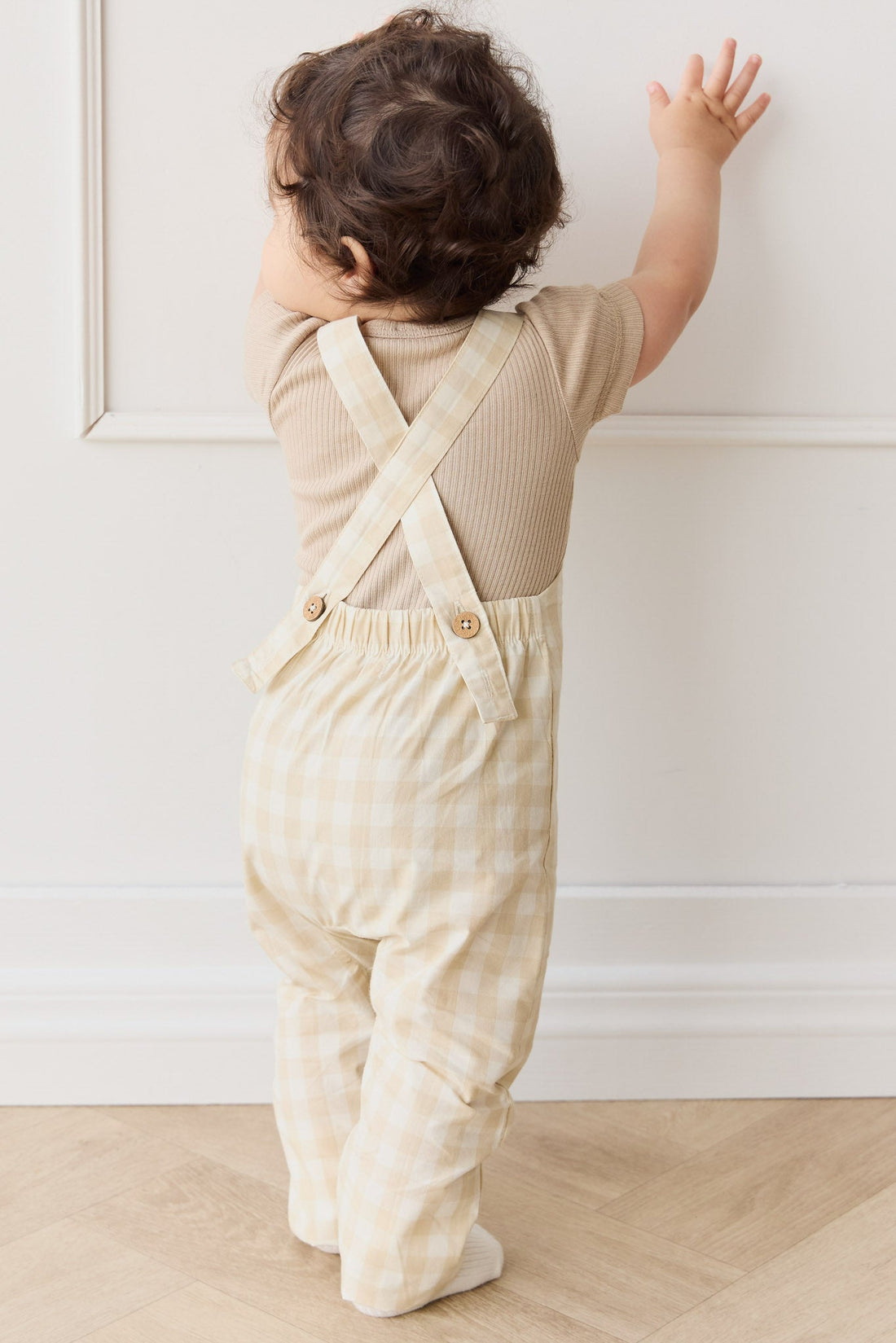 Organic Cotton Kingston Overall - Gingham Pale Khaki Childrens Overall from Jamie Kay Australia