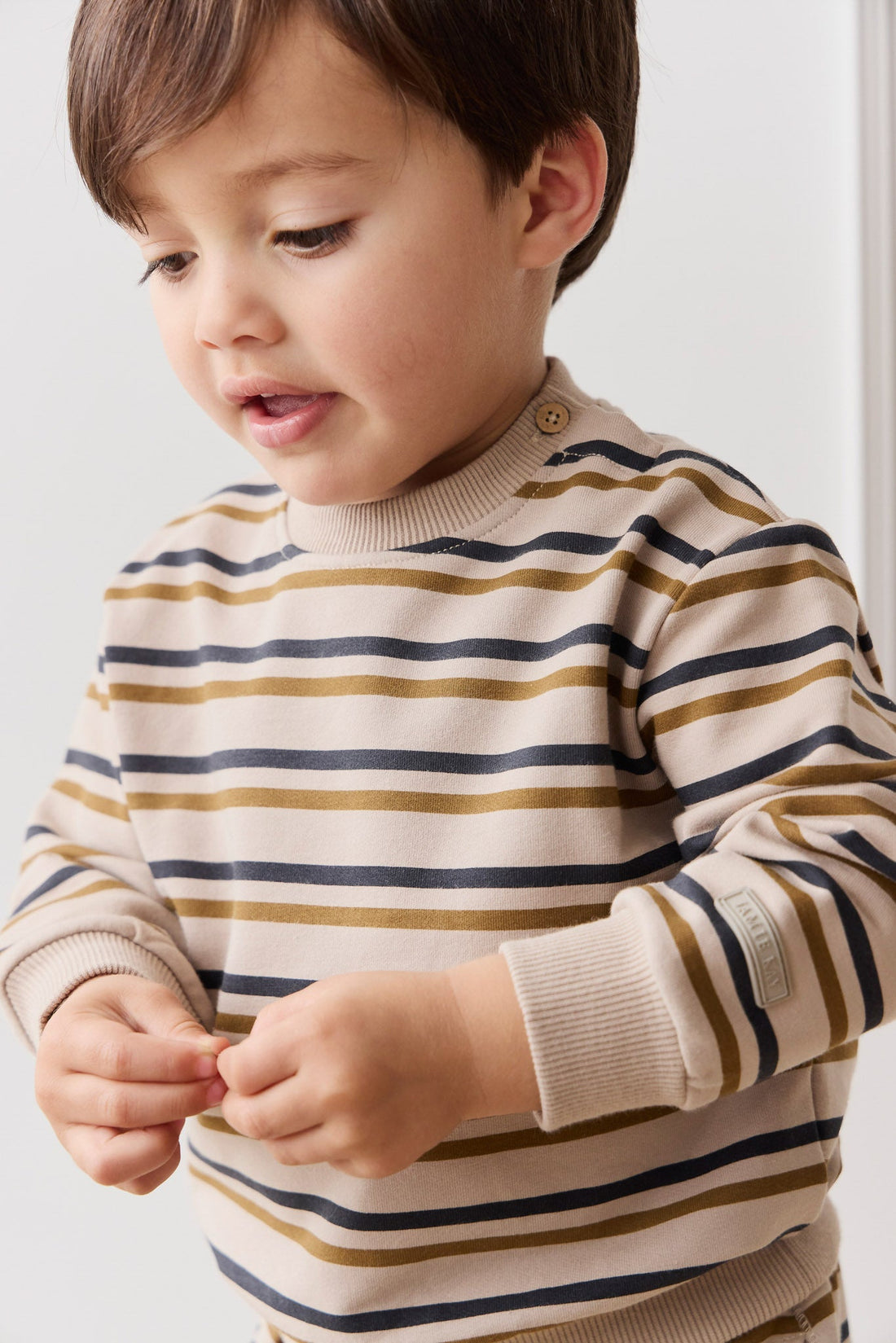 Organic Cotton Jalen Oversized Jumper - Raynor Stripe Pale Khaki Childrens Top from Jamie Kay Australia