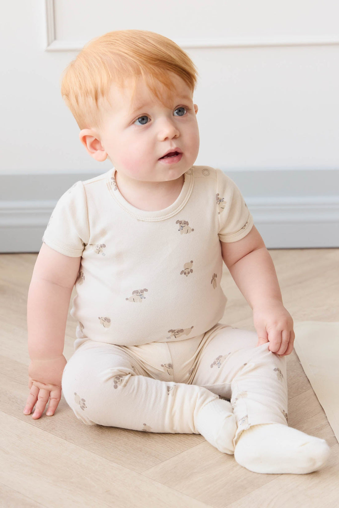 Organic Cotton Hudson Short Sleeve Bodysuit - Sasha Puppy Tofu Childrens Bodysuit from Jamie Kay Australia