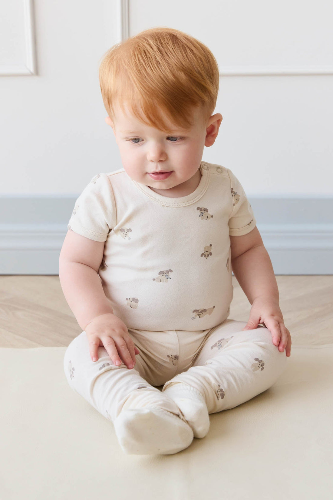 Organic Cotton Hudson Short Sleeve Bodysuit - Sasha Puppy Tofu Childrens Bodysuit from Jamie Kay Australia