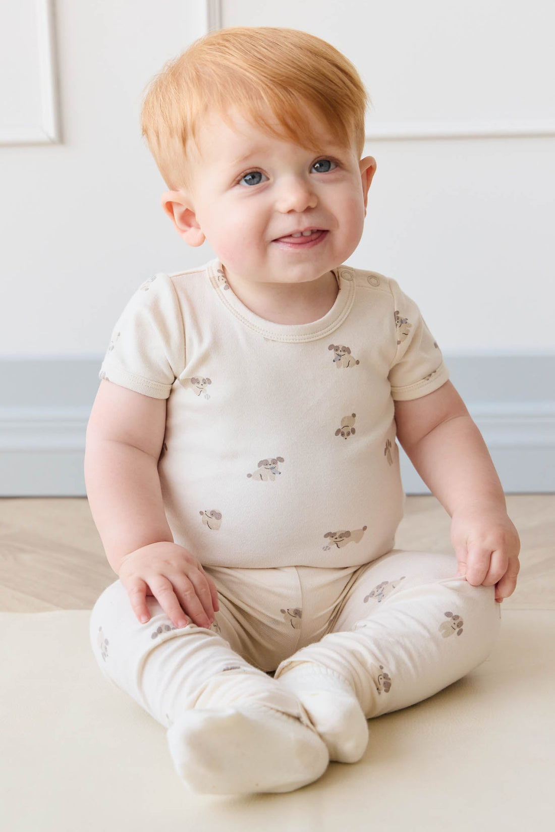 Organic Cotton Hudson Short Sleeve Bodysuit - Sasha Puppy Tofu Childrens Bodysuit from Jamie Kay Australia