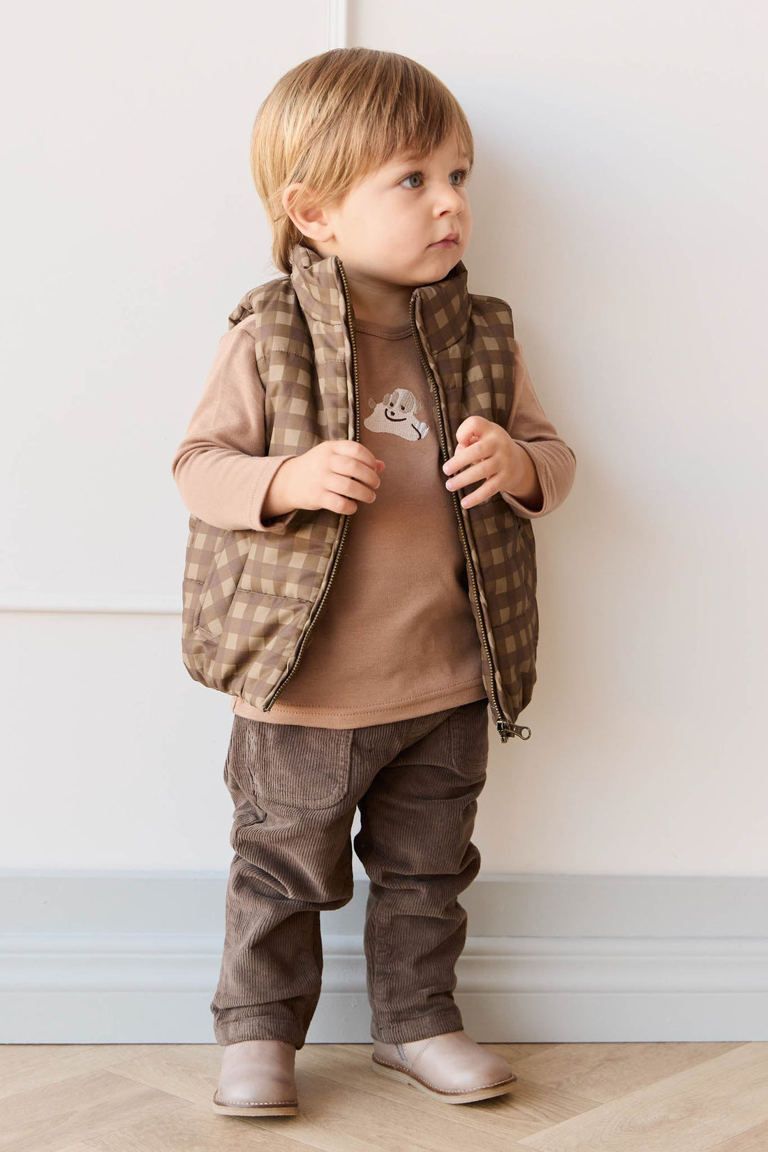 Rudi Puffer Vest - Gingham Shitake Childrens Jacket from Jamie Kay Australia