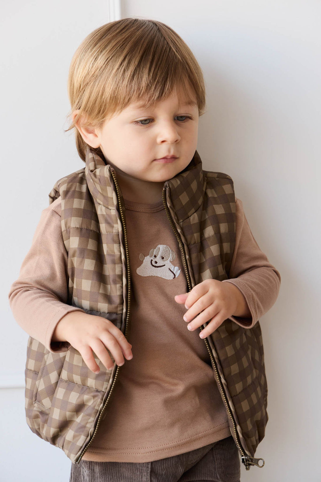 Rudi Puffer Vest - Gingham Shitake Childrens Jacket from Jamie Kay Australia