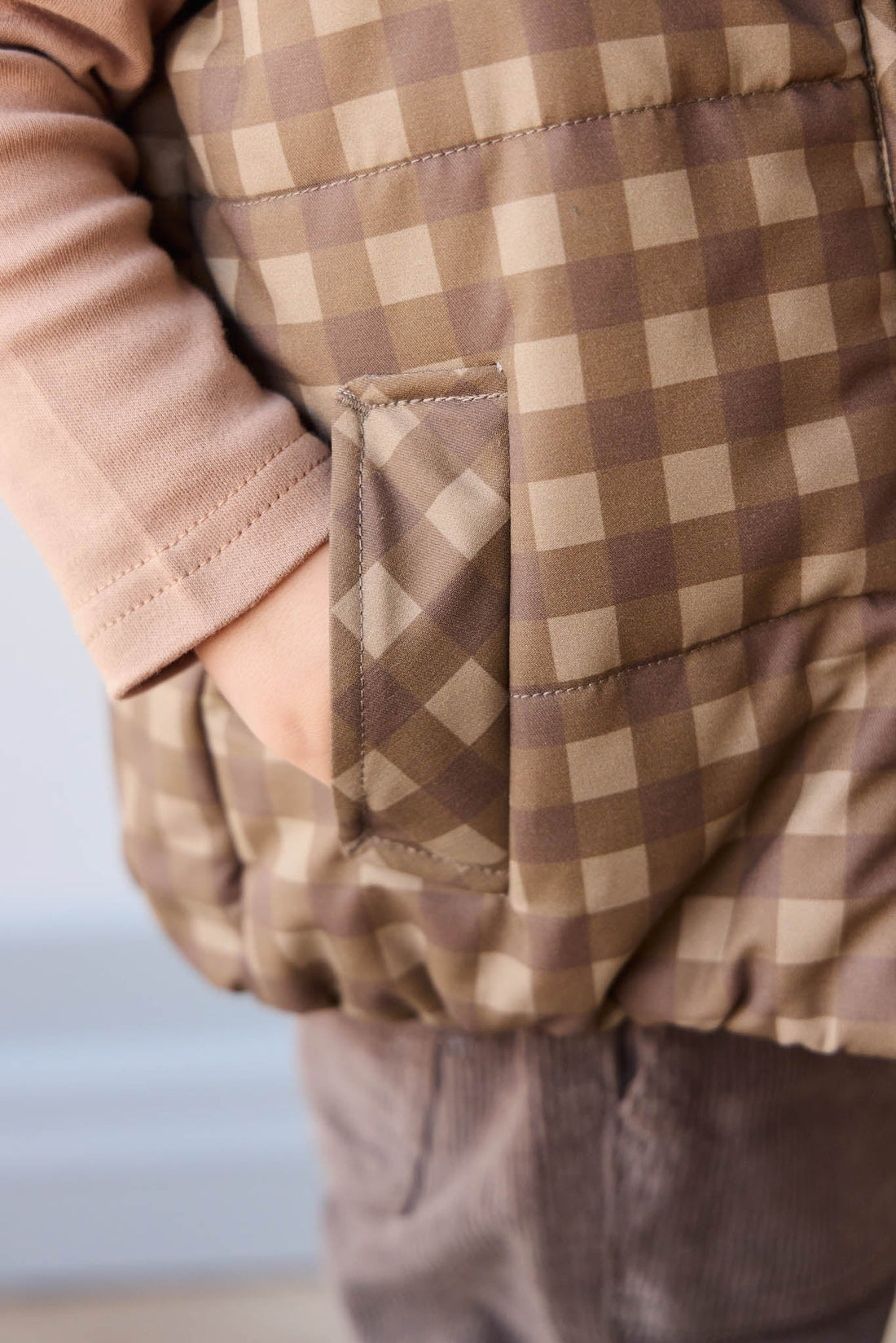 Rudi Puffer Vest - Gingham Shitake Childrens Jacket from Jamie Kay Australia