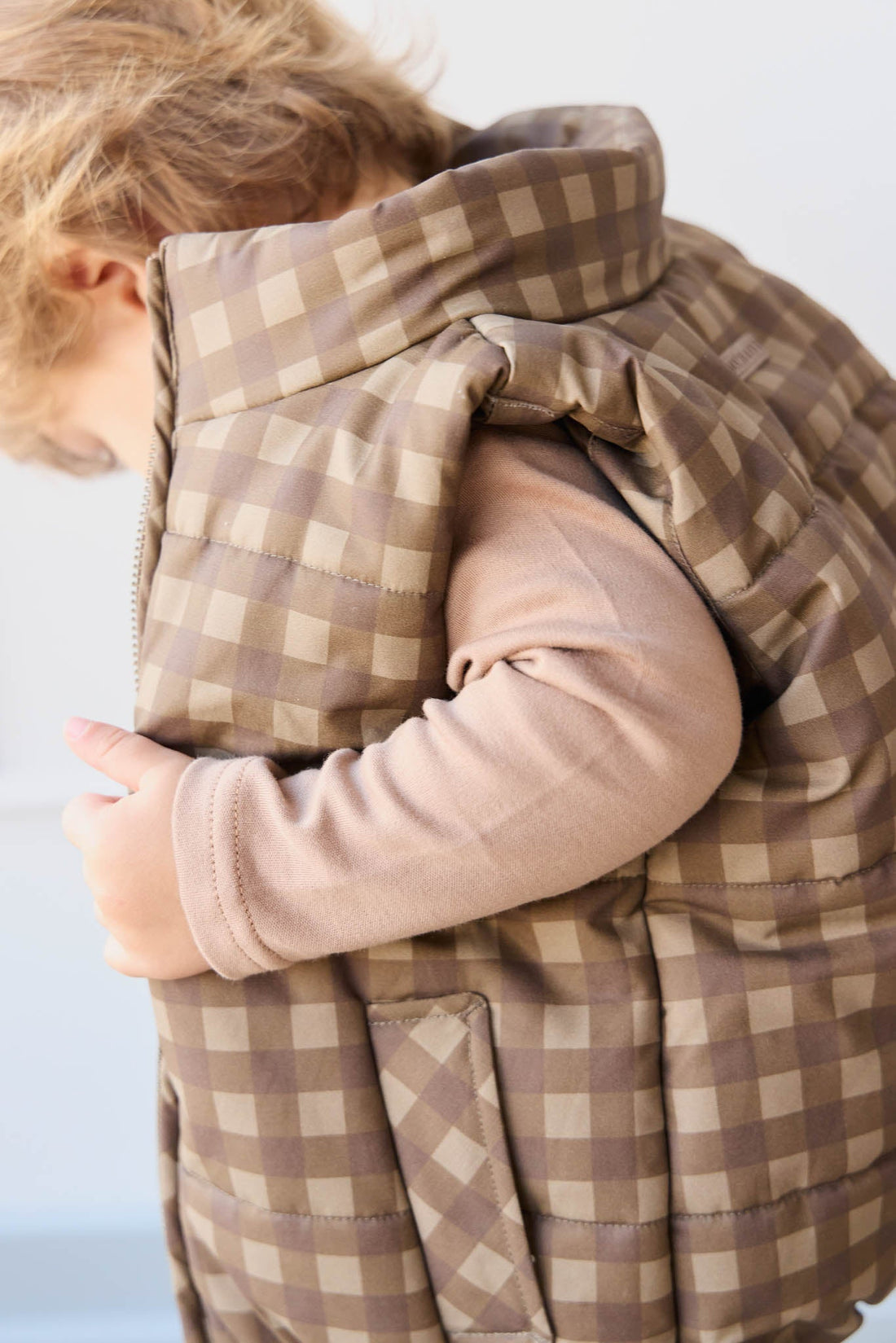 Rudi Puffer Vest - Gingham Shitake Childrens Jacket from Jamie Kay Australia