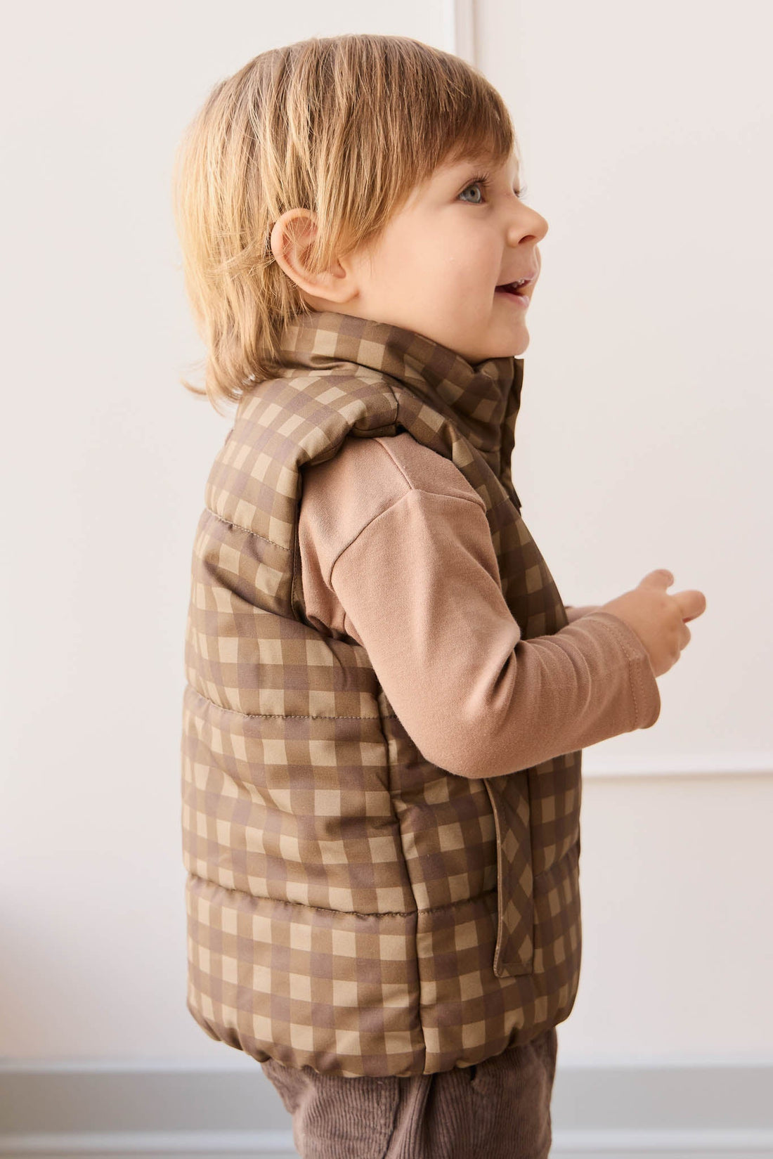 Rudi Puffer Vest - Gingham Shitake Childrens Jacket from Jamie Kay Australia