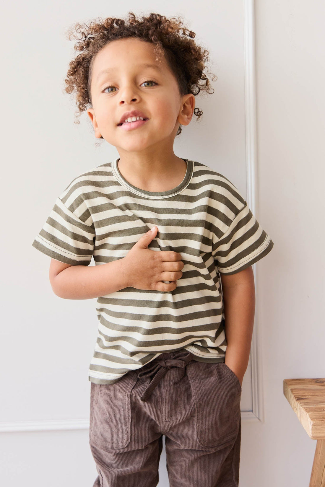 Pima Cotton Hunter Tee - Oliver Stripe Pinecone/Cassava Childrens Top from Jamie Kay Australia