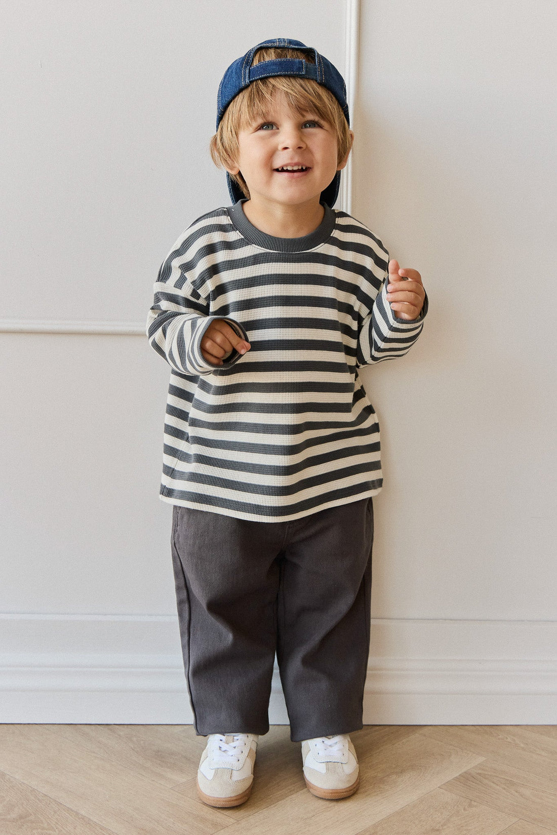 Organic Cotton Waffle Leith Long Sleeve Top - Oliver Stripe Atlantic/Cloud Childrens Top from Jamie Kay Australia