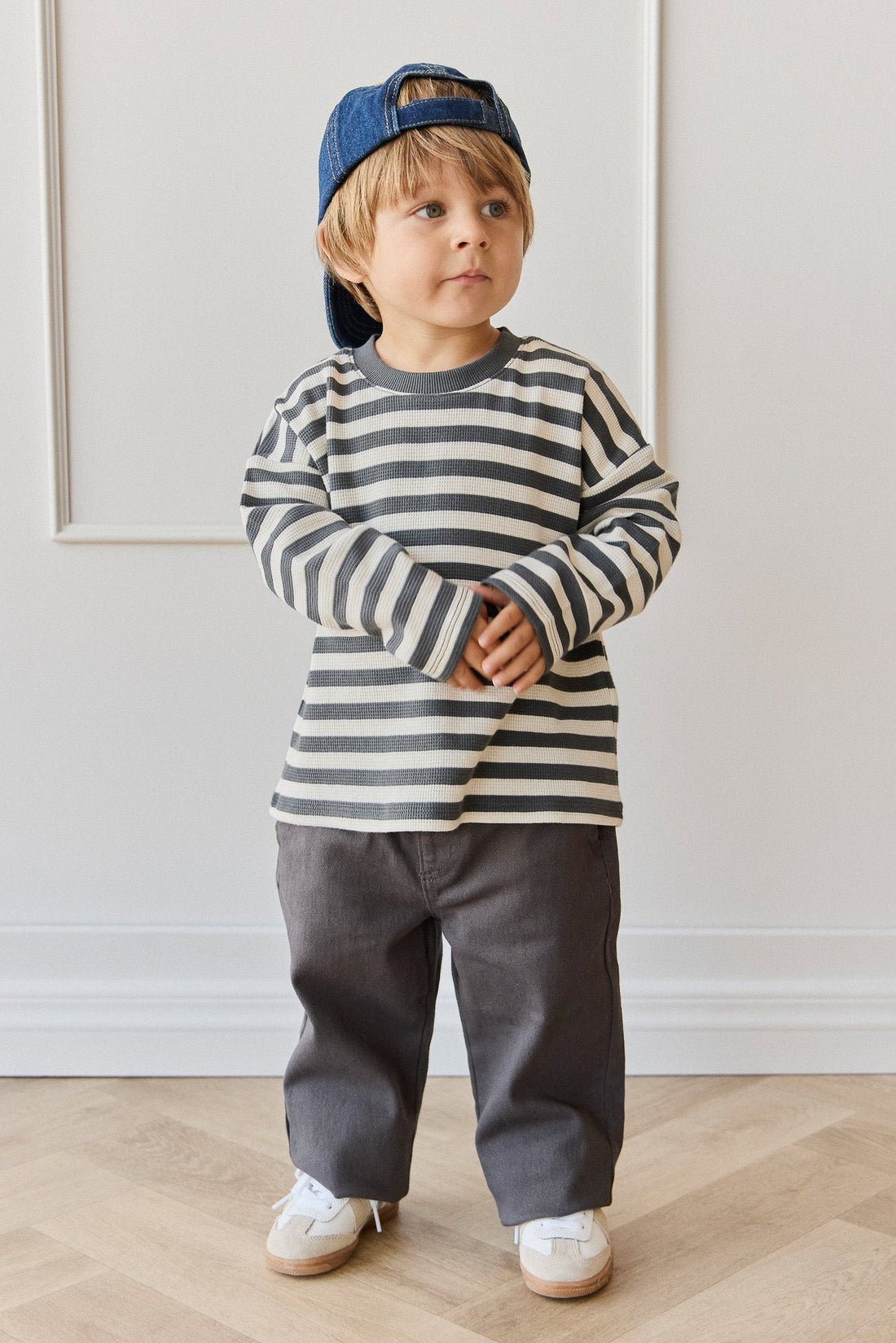Organic Cotton Waffle Leith Long Sleeve Top - Oliver Stripe Atlantic/Cloud Childrens Top from Jamie Kay Australia