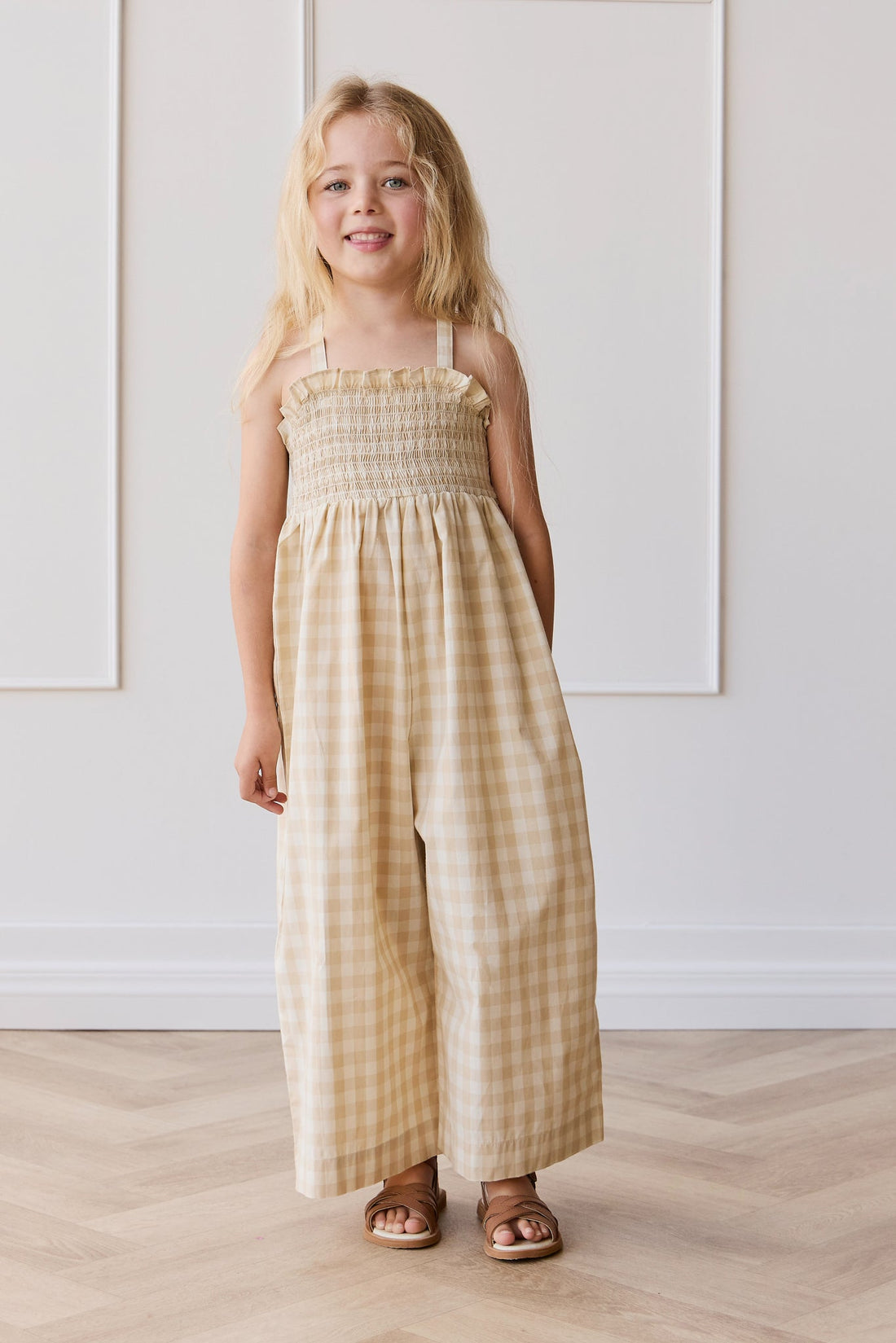 Organic Cotton Arabella Jumpsuit - Gingham Pale Khaki Childrens Jumpsuit from Jamie Kay Australia