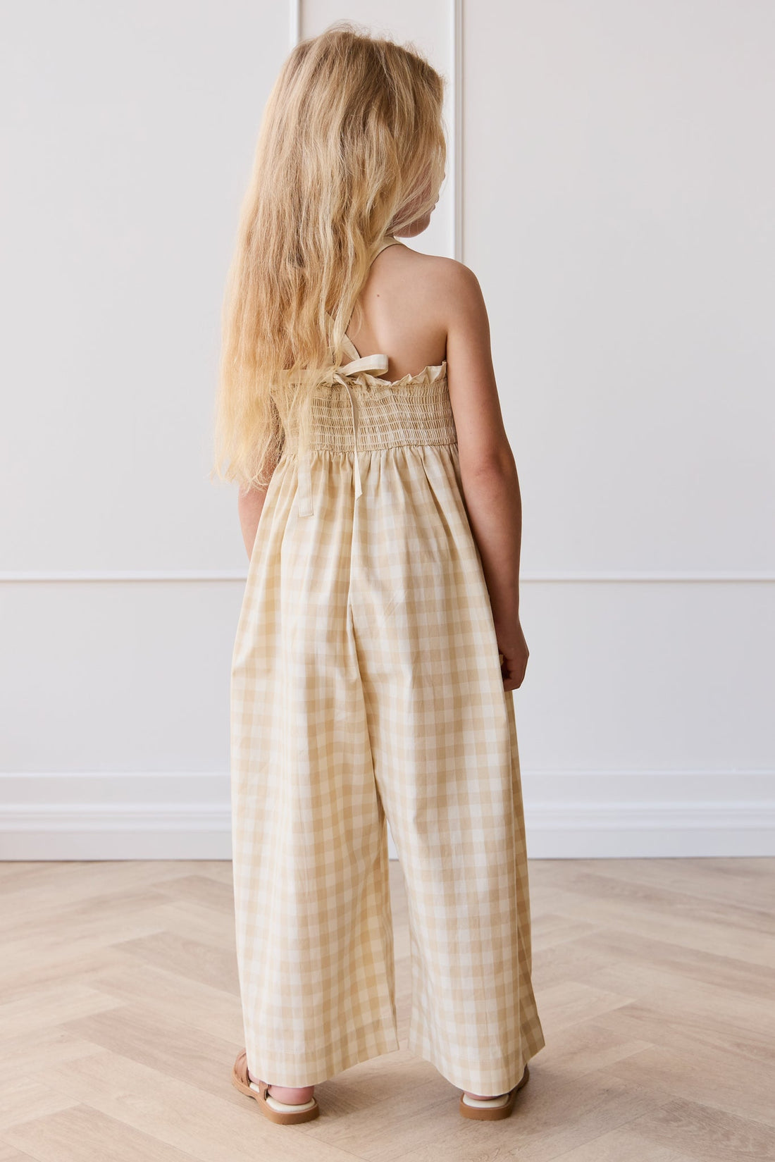 Organic Cotton Arabella Jumpsuit - Gingham Pale Khaki Childrens Jumpsuit from Jamie Kay Australia