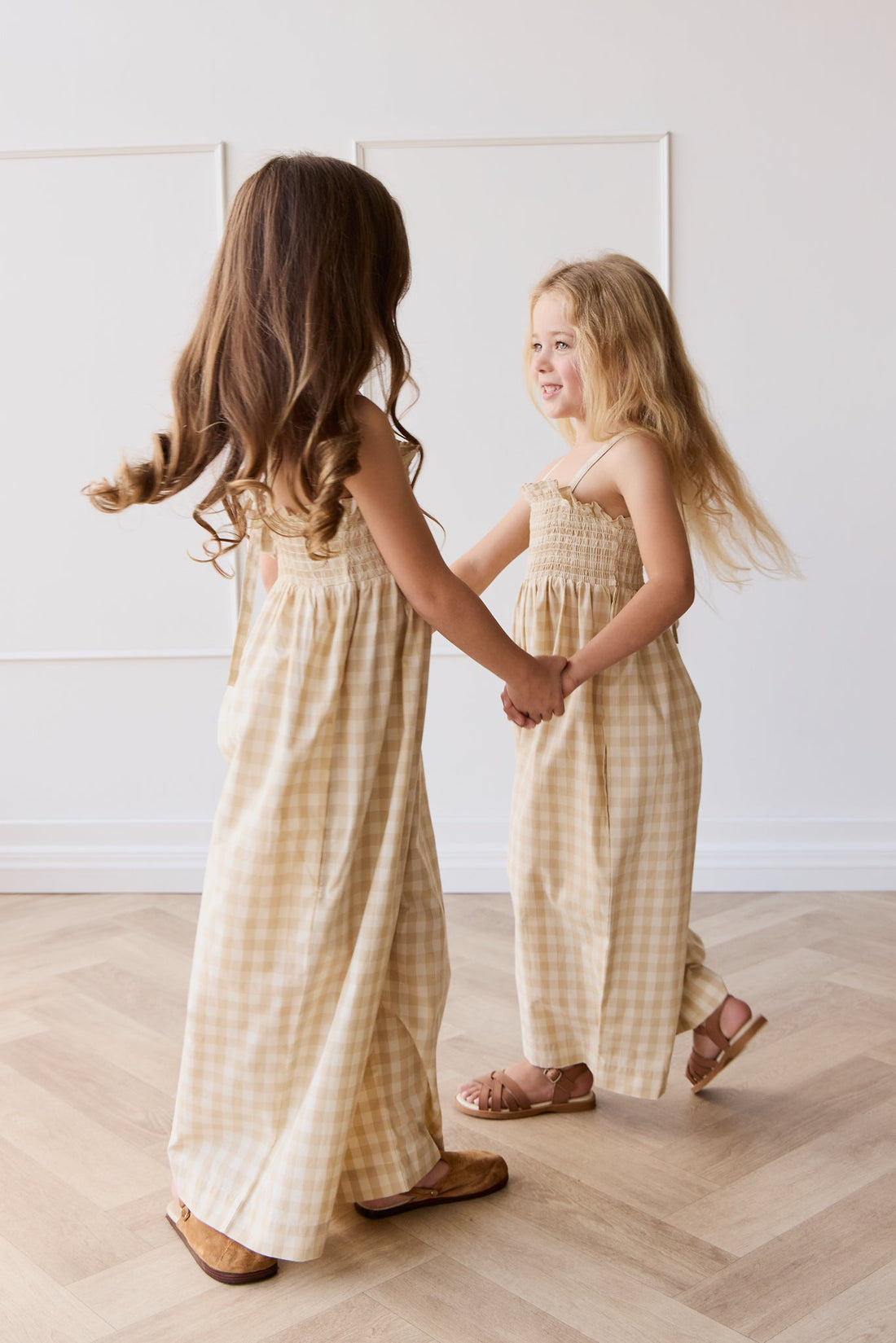 Organic Cotton Arabella Jumpsuit - Gingham Pale Khaki Childrens Jumpsuit from Jamie Kay Australia