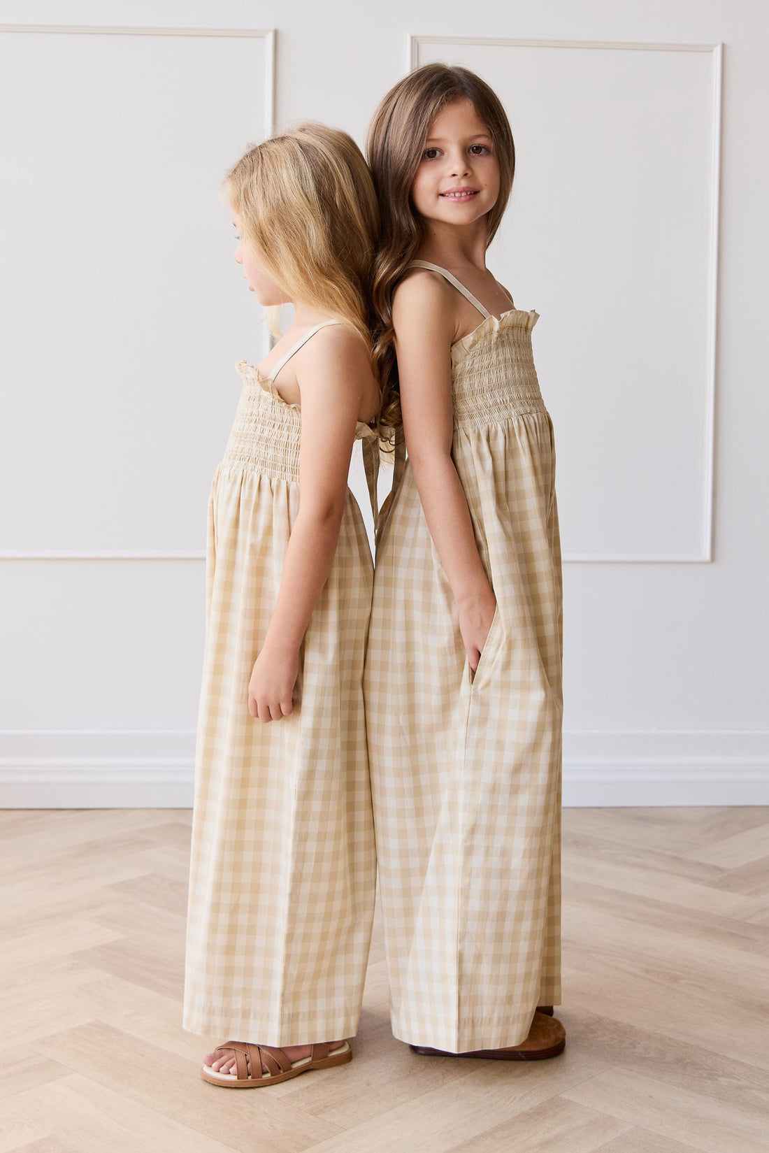 Organic Cotton Arabella Jumpsuit - Gingham Pale Khaki Childrens Jumpsuit from Jamie Kay Australia