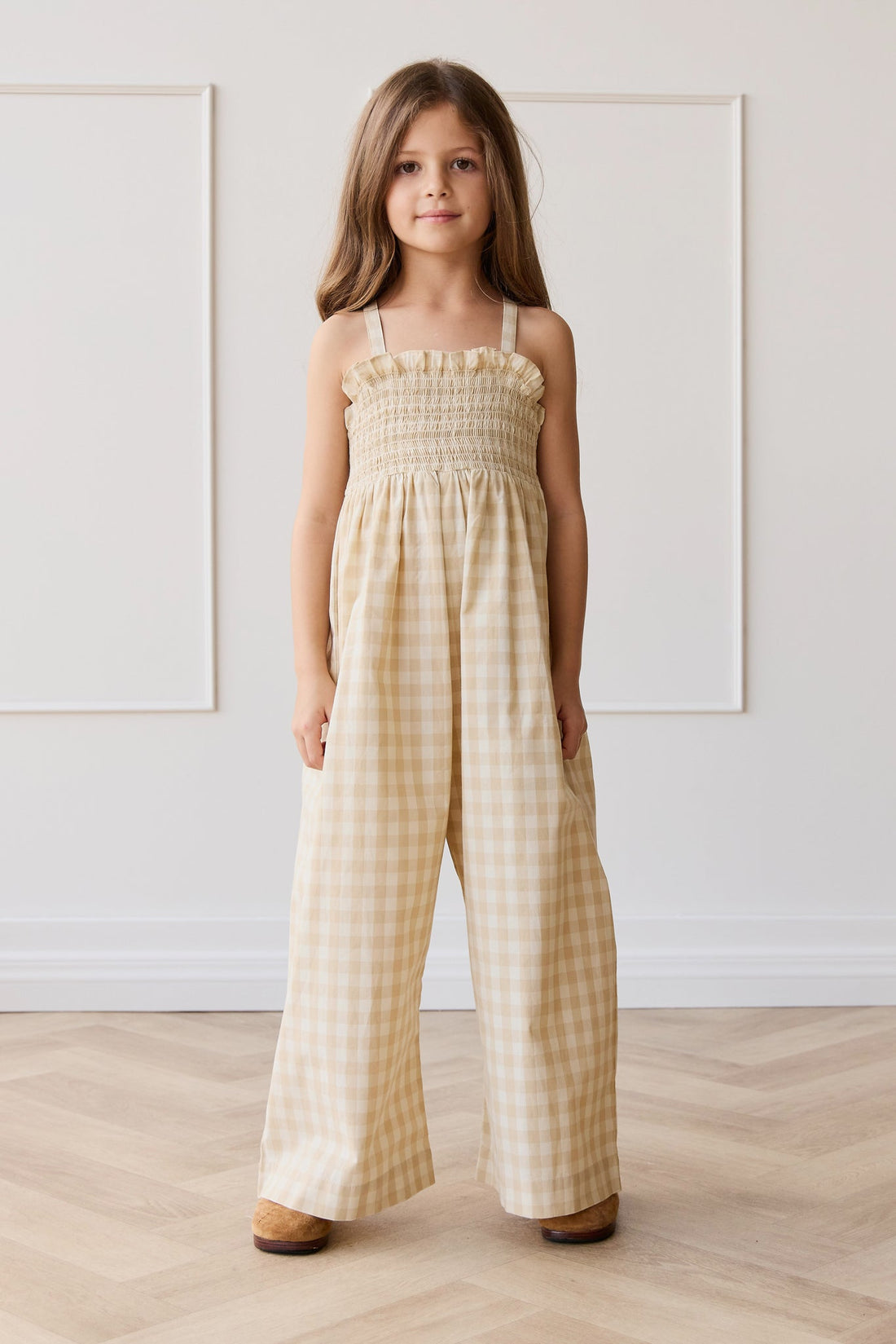 Organic Cotton Arabella Jumpsuit - Gingham Pale Khaki Childrens Jumpsuit from Jamie Kay Australia