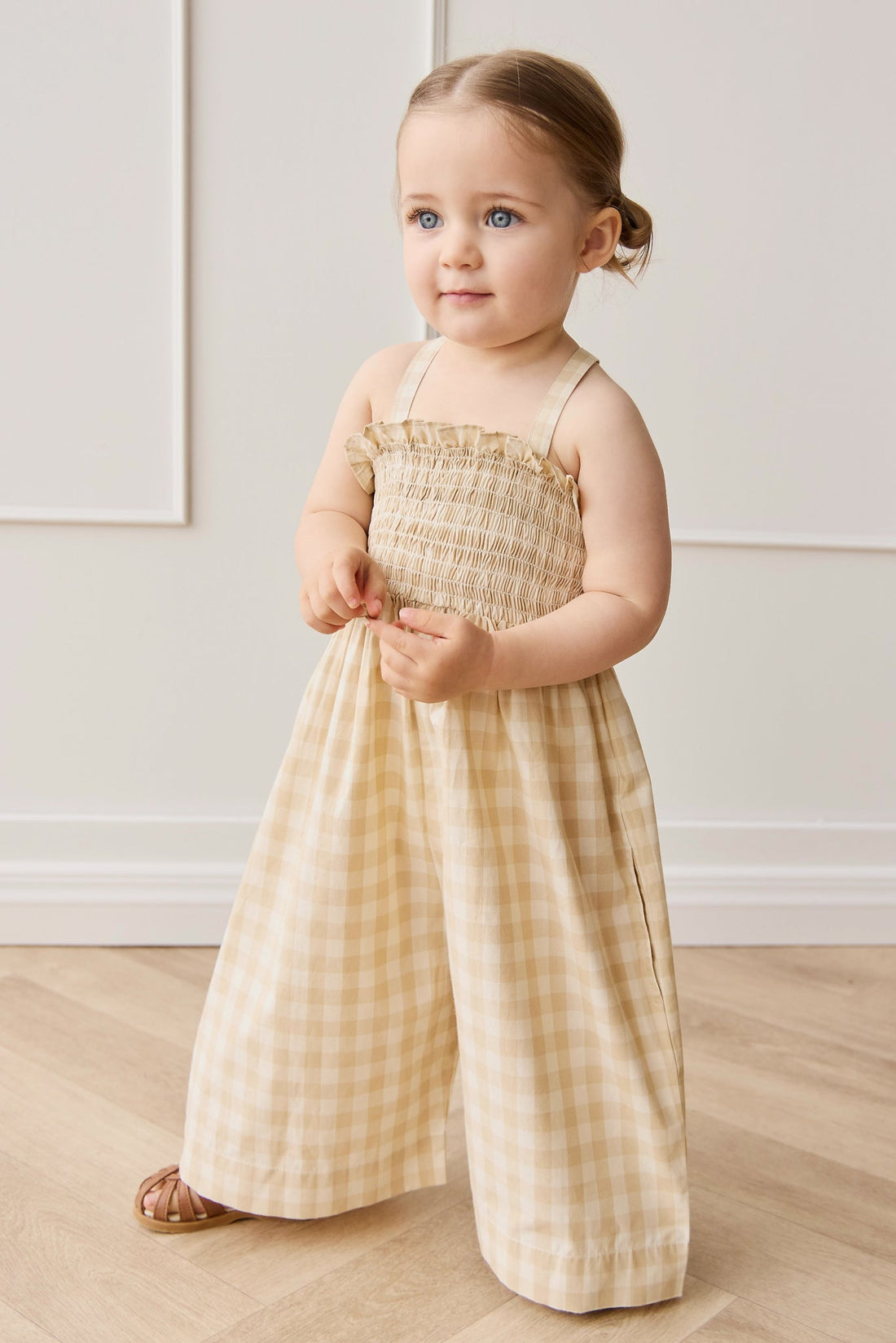 Organic Cotton Arabella Jumpsuit - Gingham Pale Khaki Childrens Jumpsuit from Jamie Kay Australia
