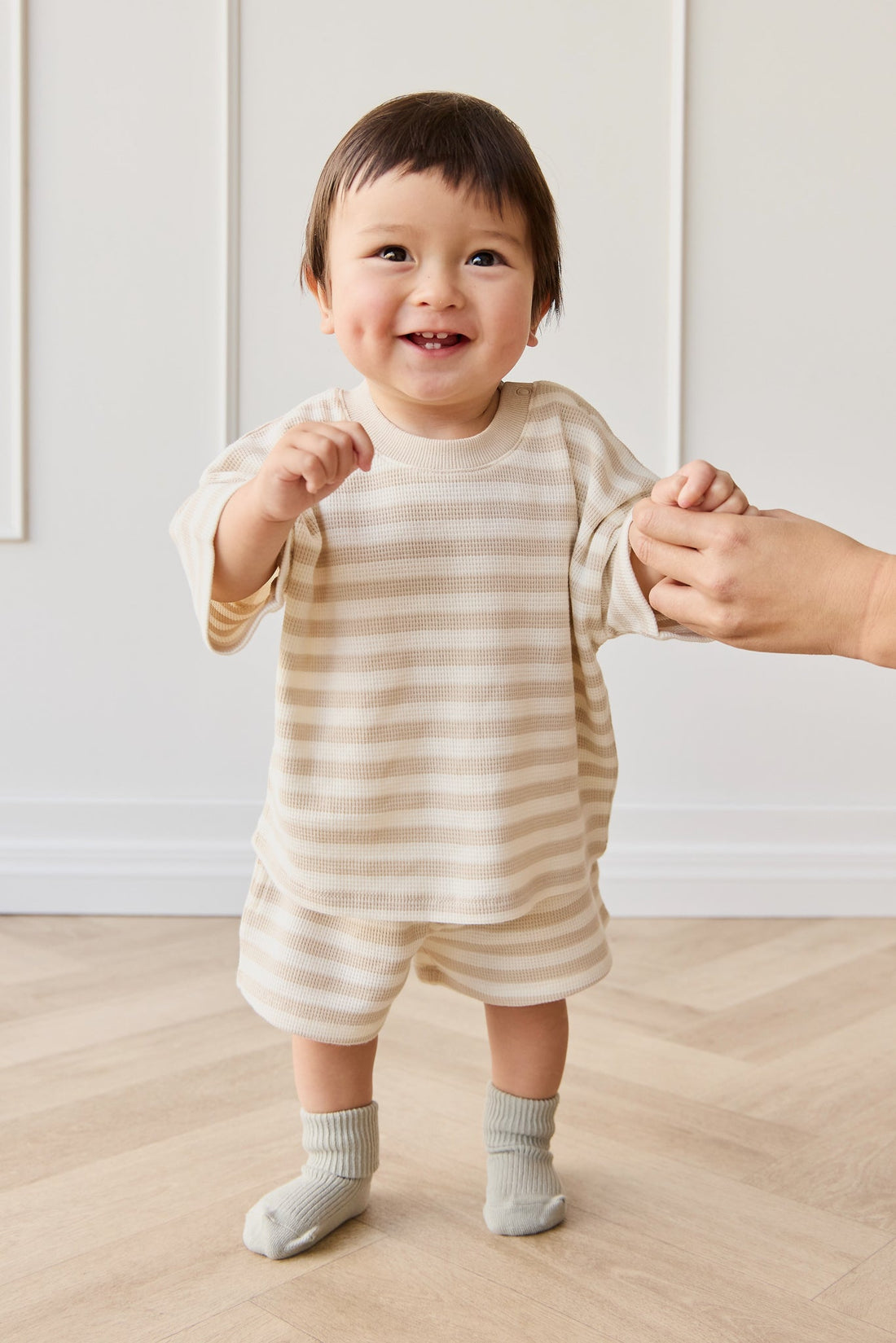 Organic Cotton Waffle Leith Short - Staple Stripe Oat/Cloud Childrens Short from Jamie Kay Australia
