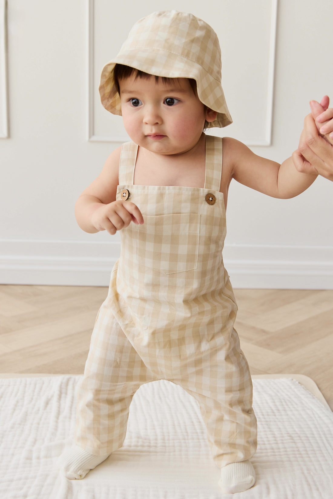 Organic Cotton Kingston Overall - Gingham Pale Khaki Childrens Overall from Jamie Kay Australia
