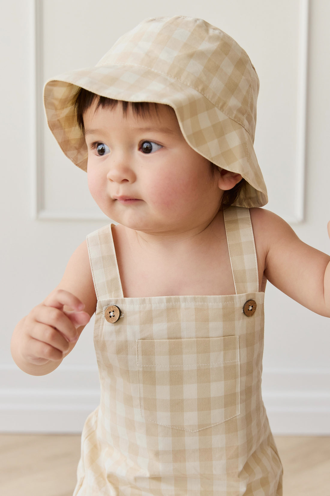 Organic Cotton Kingston Overall - Gingham Pale Khaki Childrens Overall from Jamie Kay Australia