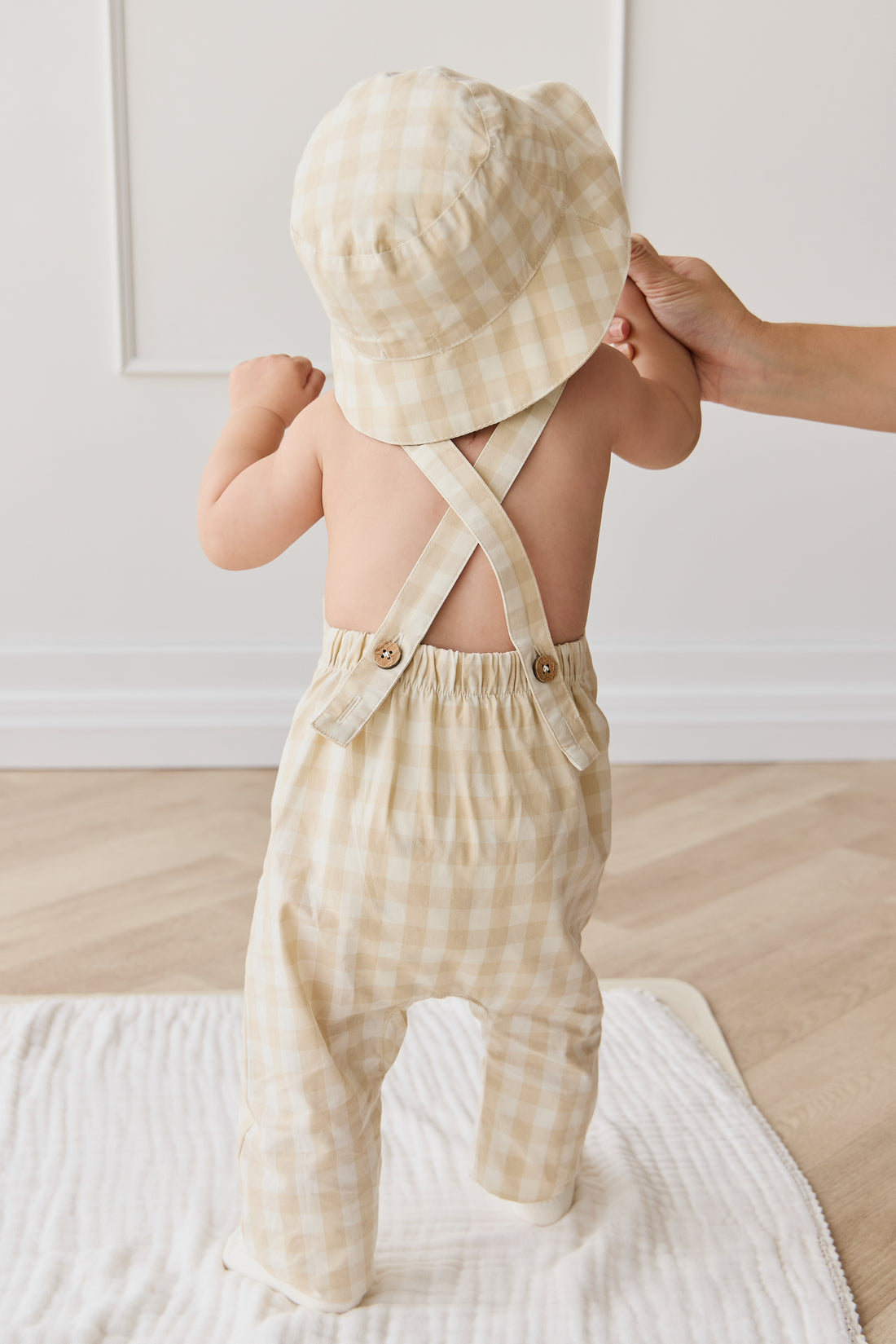Organic Cotton Kingston Overall - Gingham Pale Khaki Childrens Overall from Jamie Kay Australia