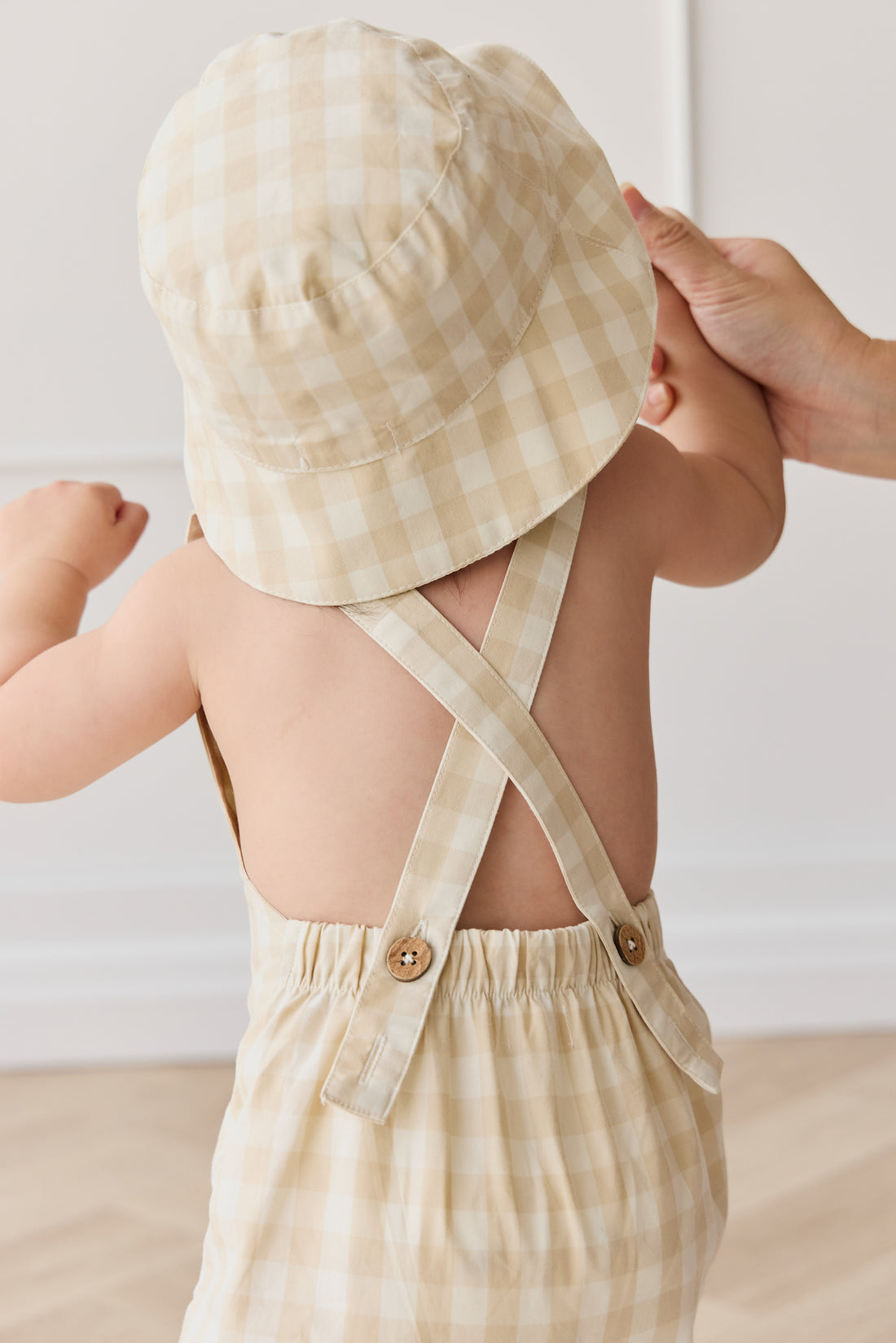 Organic Cotton Bucket Hat - Gingham Pale Khaki Childrens Hat from Jamie Kay Australia