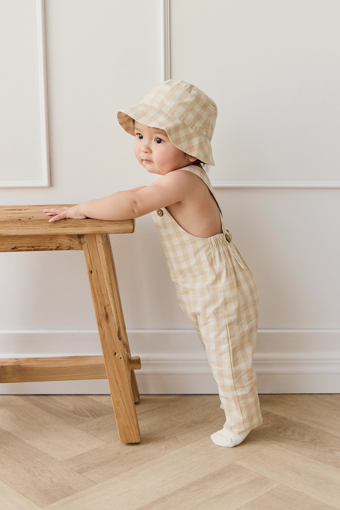 Organic Cotton Kingston Overall - Gingham Pale Khaki Childrens Overall from Jamie Kay Australia