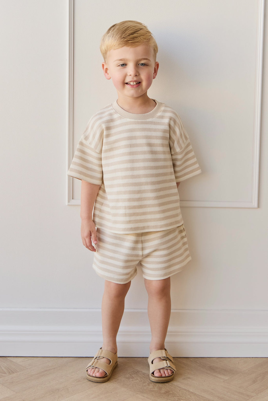 Organic Cotton Waffle Leith Short - Staple Stripe Oat/Cloud Childrens Short from Jamie Kay Australia