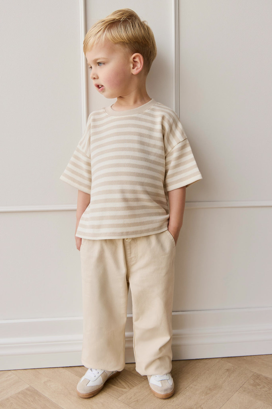 Organic Cotton Waffle Leith Tee - Staple Stripe Oat/Cloud Childrens Top from Jamie Kay Australia