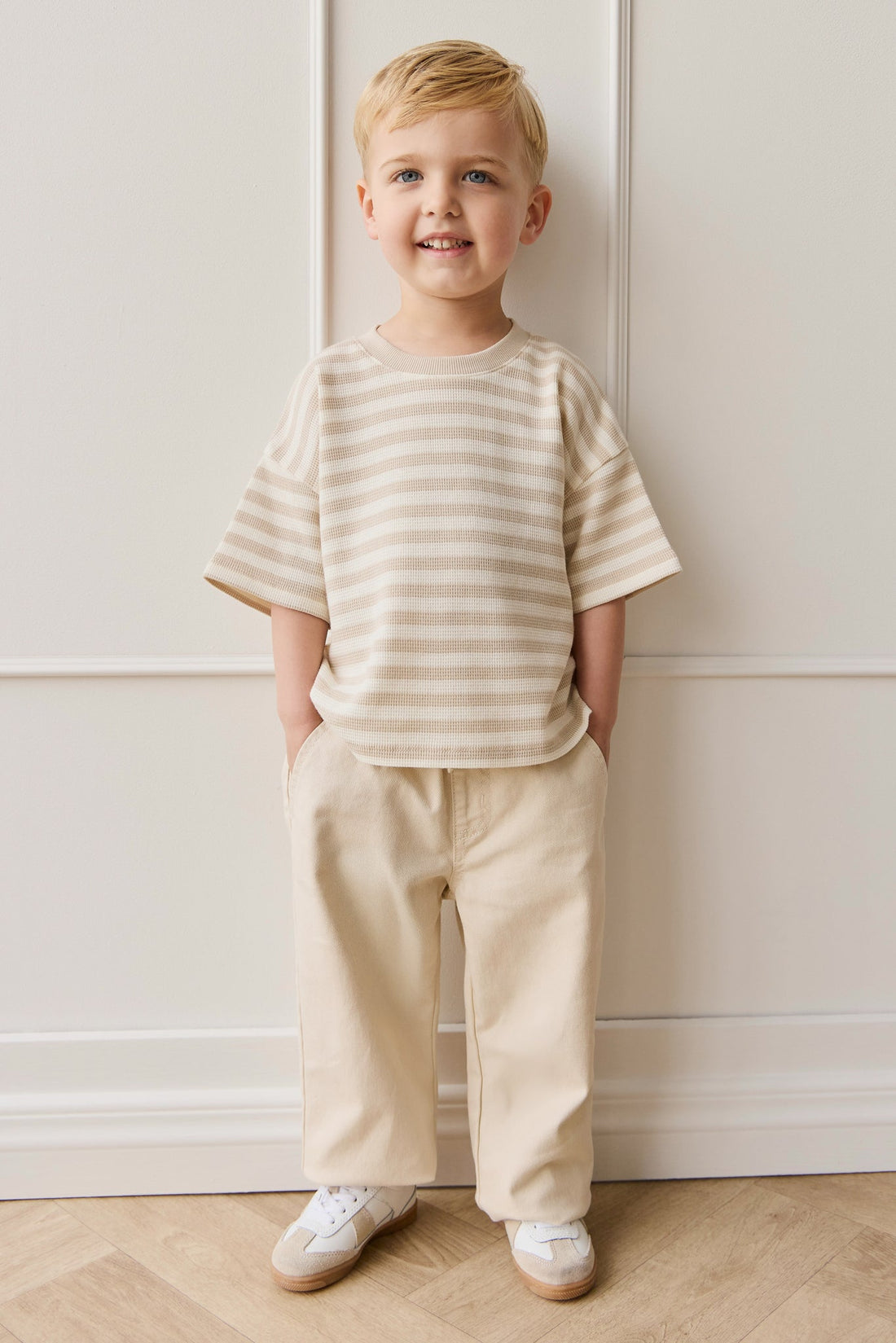 Organic Cotton Waffle Leith Tee - Staple Stripe Oat/Cloud Childrens Top from Jamie Kay Australia