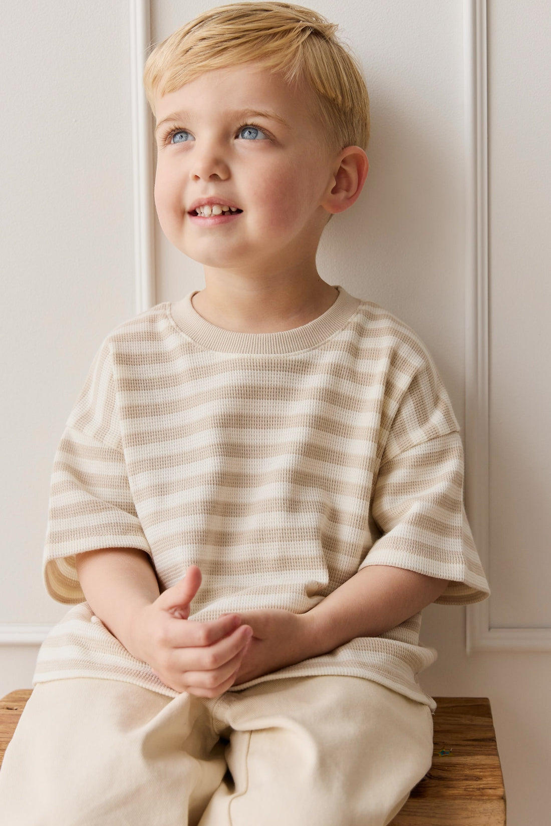 Organic Cotton Waffle Leith Tee - Staple Stripe Oat/Cloud Childrens Top from Jamie Kay Australia