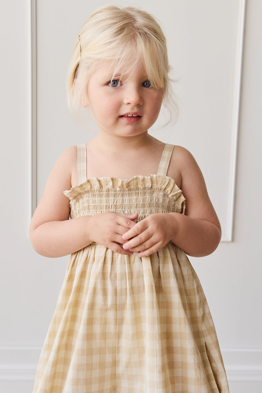 Organic Cotton Arabella Jumpsuit - Gingham Pale Khaki Childrens Jumpsuit from Jamie Kay Australia