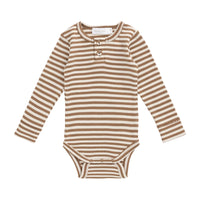 Organic Cotton Modal Long Sleeve Bodysuit - Narrow Stripe Thatch/Buff Childrens Bodysuit from Jamie Kay Australia