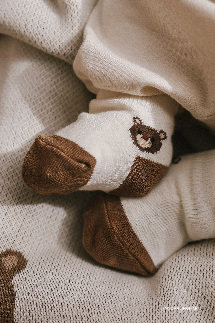 Bobbie Bear Crew Socks - Jacquard Bobbie Bear Cloud/Balm Childrens Sock from Jamie Kay Australia