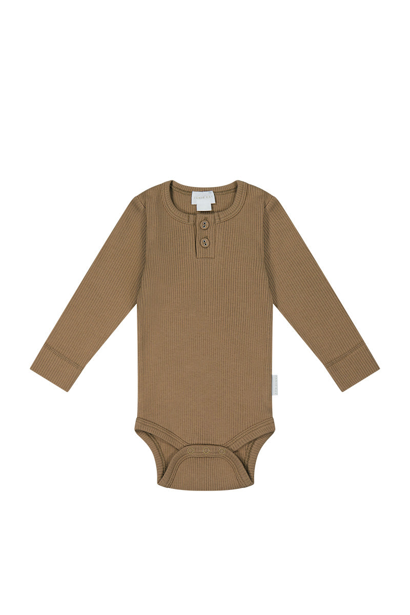 Organic Cotton Fine Rib Long Sleeve Bodysuit - Caramel Childrens Bodysuit from Jamie Kay Australia