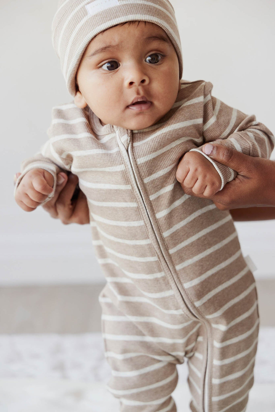 Organic Cotton Fine Rib Gracelyn Onepiece - Elias Stripe Sable Marle Childrens Onepiece from Jamie Kay Australia